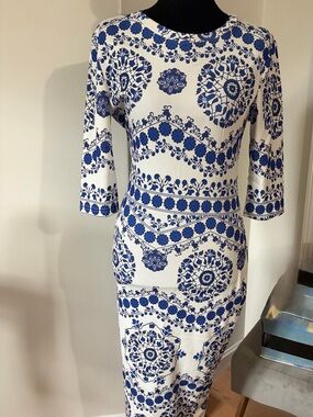 SHEIN White Midi Dress with Blue Floral Medallion Print